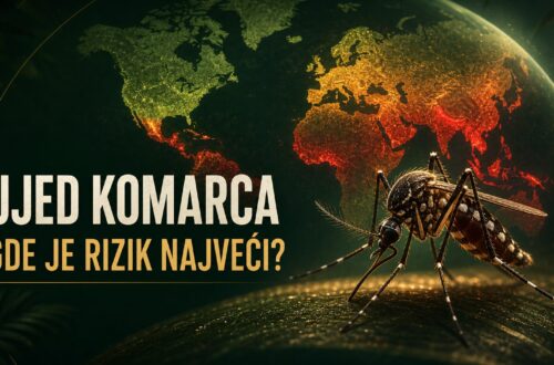 Ujed komarca i mapa sveta sa prikazom različitih nivoa rizika