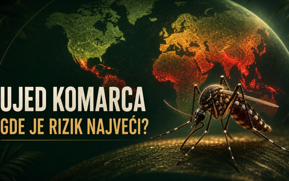 Ujed komarca i mapa sveta sa prikazom različitih nivoa rizika
