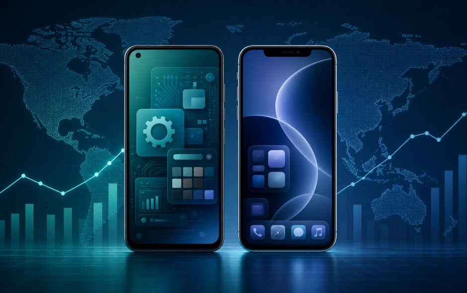 Android i iPhone tržište po kontinentima od 2016. do 2026.